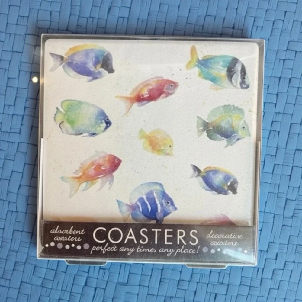 Thirstystone Absorbent Coasters 4 Tropical Fish Nautical Cork Backed NEW
